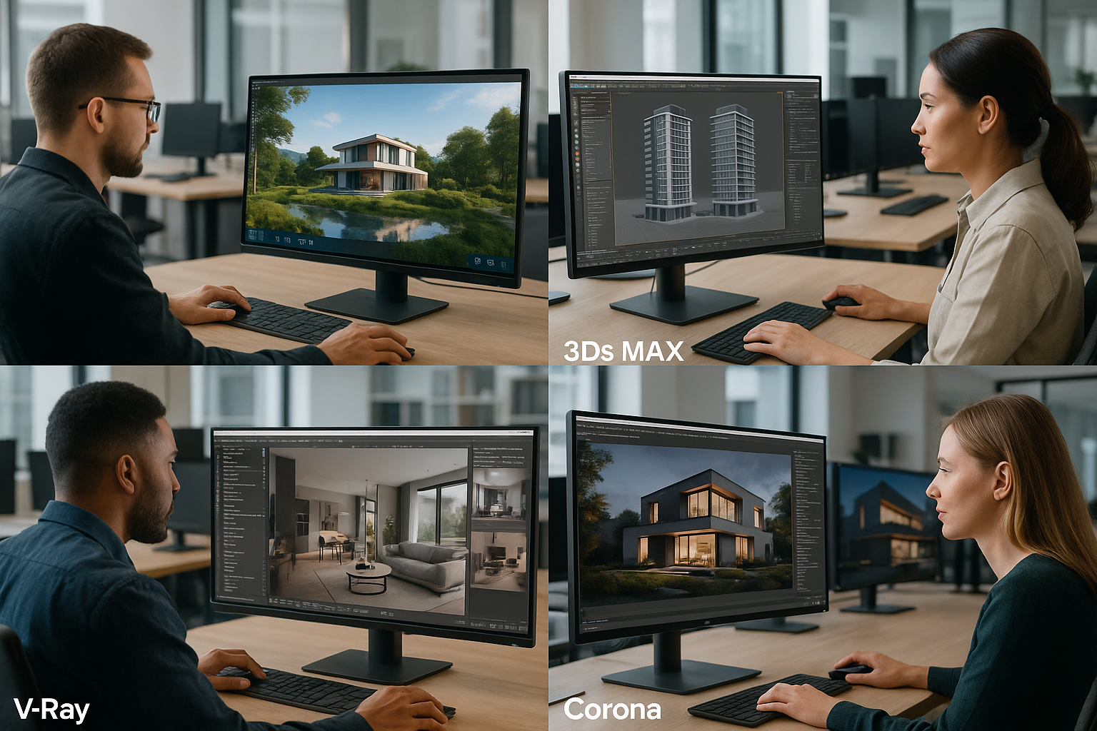 GENERATE MULTIPLE PHOTOS THAT IS COMBINE INONE PHOTO OF PEOPLE USING LUMION, 3D MAX, VRAY CORONA